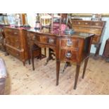 George III style mahogany and satinwood inlaid shaped serpentine front six leg sideboard