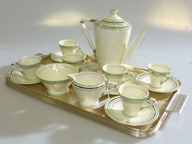 Art Deco Royal Cauldon coffee set with silver and green bands