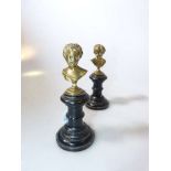 Pair of 19th Century gilt-bronze busts on turned wood pedestals