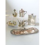 Silver-plate including candle snuffers and tray, spirit flask, Old Sheffield mustard,