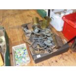 Box of old metal lamp mounts etc and box of marbles