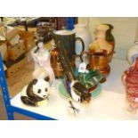 Beswick panda, Russian china bird, copper lustre teapot and jug, Poole pottery, two vases,