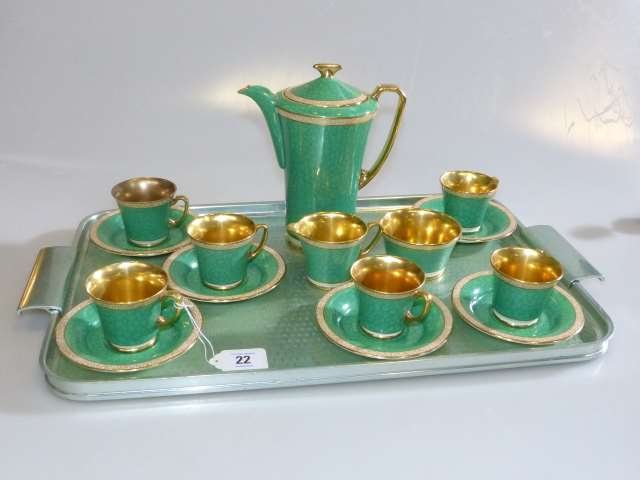 Art Deco Crown Devon coffee set with green shagreen and gilt decoration
