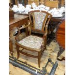 Edwardian mahogany and satinwood inlaid floral tapestry panel back elbow chair