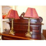 Pair stepped brass Corinthian column table lamps and shades