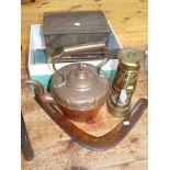 Miners lamp, copper kettle, boomerang, bullet flask,