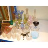 Two decanters, blue tinted glass vase, four engraved glasses,