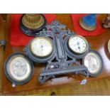 Barometer and clock in ornate cast metal frame and two oval portraits (3)