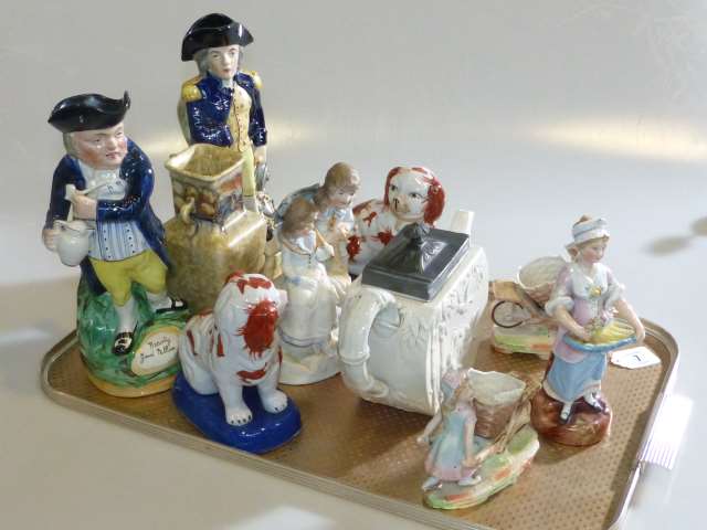 Bisque sentimental figures, Copeland moulded teapot,