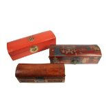 (3) CHINESE PIGSKIN BOXES - 19th c. Lacquered or Painted Pigskin Dome Top Scroll Boxes, with brass