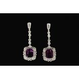 EARRINGS - One Pair of 18K White Gold, Amethyst and Diamond Dangle Earrings, each with a large