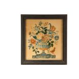 FRAMED THEOREM - 19th c. Theorem of Floral Urn with Bird, watercolor on buff velvet, with pen