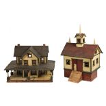 FOLK ART HOUSE AND BARN MODELS - Bank Barn and House with Wraparound Porch in casein painted wood,