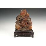 LARGE SOAPSTONE CARVING ON STAND - 19th c. Chinese Carving of Mountain Landscape with fortress and