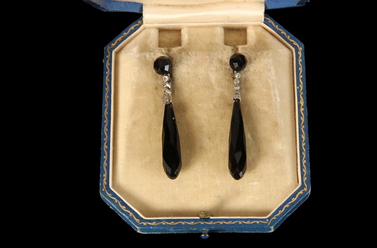 EARRINGS - Pair of Antique White Gold, Onyx and Diamond Screw Back Drop Ear Clips, with faceted onyx