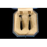 EARRINGS - Pair of Antique White Gold, Onyx and Diamond Screw Back Drop Ear Clips, with faceted onyx