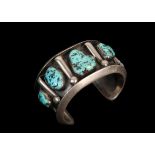 BRACELET - Native American Heavy Silver and Turquoise Cuff Bracelet, set with (5) natural shape