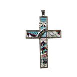 PENDANT - Rare and Large Zuni Native American Inlaid Sterling Silver Cruciform Pendant,