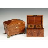 (2) ENGLISH TEA CADDIES - Both Regency, including: Casket form in mahogany with boxwood banding,