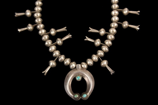 LADY'S NECKLACE - Navajo Crafted Silver and Turquoise Squash Blossom Necklace made with Mercury Dime