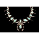 LADY'S NECKLACE - Silver and Turquoise Squash Blossom Necklace with double strand of hollow