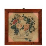 FRAMED THEOREM - 19th c. Theoem on Velvet of an urn full of flowers, in vintage mahogany box