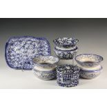 (5 PCS) BLUE SPONGEWEAR - 19th c. New England Stoneware, including: Covered Cheese Dish, 5" x 6"