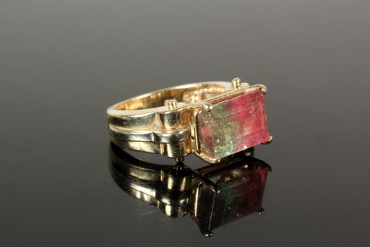 LADY'S RING - Two-Tone 14K Yellow Gold Custom Made Ring set with Watermelon Tourmaline, stamped S.