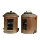 SCARCE PAIR OF SHIP'S LIGHTS - Copper Lamps with Blue Panama Canal Steering Fresnel Lenses, made