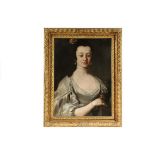 COLONIAL PORTRAIT - Portrait of a Noblewoman in white silk gown with a rose in her hair and pearl