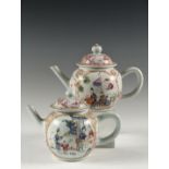 (2) CHINESE EXPORT TEAPOTS - Late 18th c. Mandarin Teapots with domestic and market scenes,