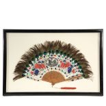 FRAMED CHINESE FAN - 19th c. Chinese Folding Hand Fan with reticulated wood frame, white feather