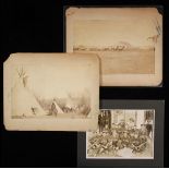 (3) HISTORIC ALBUMEN PHOTOS OF NATIVE AMERICANS - "Indian Trader's Store and Freight Train in from