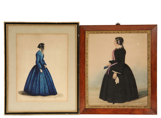 (2) 19TH C WATERCOLOR PORTRAITS - Full-Length Portraits of Women, circa 1840-50, including: Middle