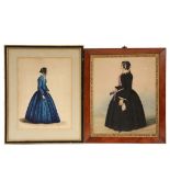 (2) 19TH C WATERCOLOR PORTRAITS - Full-Length Portraits of Women, circa 1840-50, including: Middle
