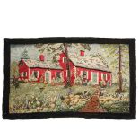 PICTORIAL HOOKED RUG - Portrait of a New England Colonial Home in Spring, with black border,