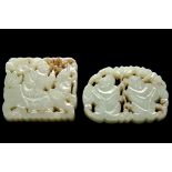 (2) CHINESE JADE TABLETS - Reticulated and Engraved Amulets, late 19th to early 20th c., square with