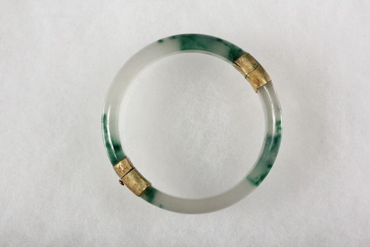 BRACELET - Chinese White and Green Jade Hinged Bangle Bracelet with yellow gold mount, with