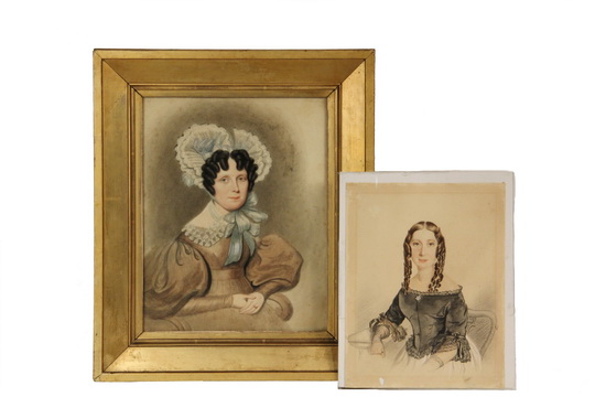 (2) 19TH C WATERCOLOR PORTRAITS - Bust Portraits of Women, unsigned, circa 1840-50, including: