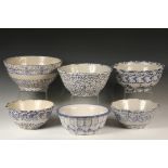 (6) BLUE SPONGEWEAR MIXING BOWLS - 19th c. New England Stoneware, in various styles of decoration,