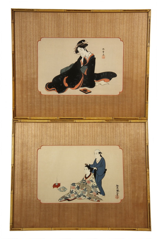 (2) JAPANESE WOODBLOCK PRINTS - Bijin-Ga or Beautiful Women: Composing a Letter, by Shuntei