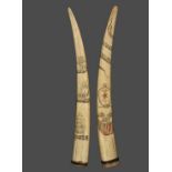 WALRUS TUSKS - Pair of Early Walrus Tusks, one having (3) monochromatic scrimshawn ship images, 22