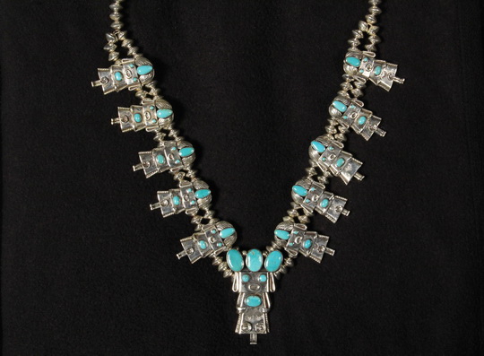 NECKLACE - Native American Crafted Zuni Sterling Silver Kachina Figural Squash Blossom Necklace