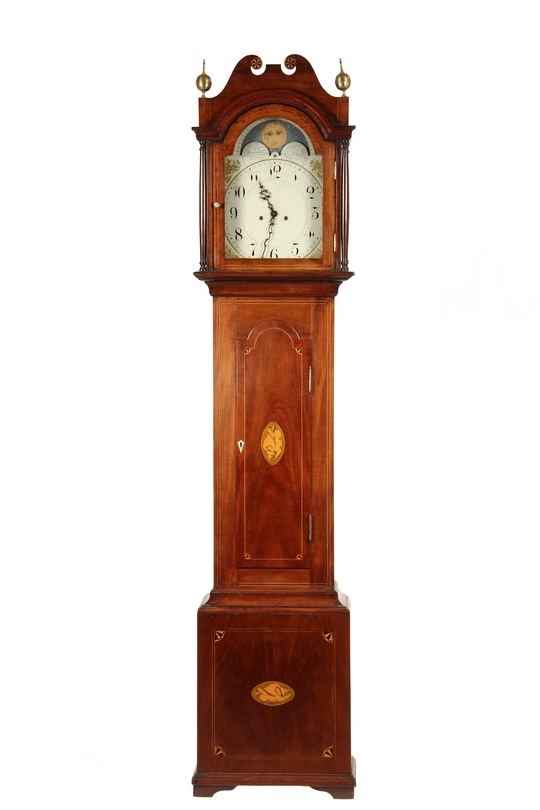 TALL CASE CLOCK - 19th c. American, having a mahogany Chippendale case with flat broken pediment,