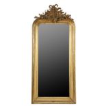 LOOKING GLASS - 19th c. Gilt Framed Mirror in the French style, with gesso crest having a musical