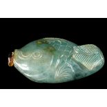 CHINESE JADE SNUFF BOTTLE - Antique Fish Form Snuff Bottle in deep celadon jade with black