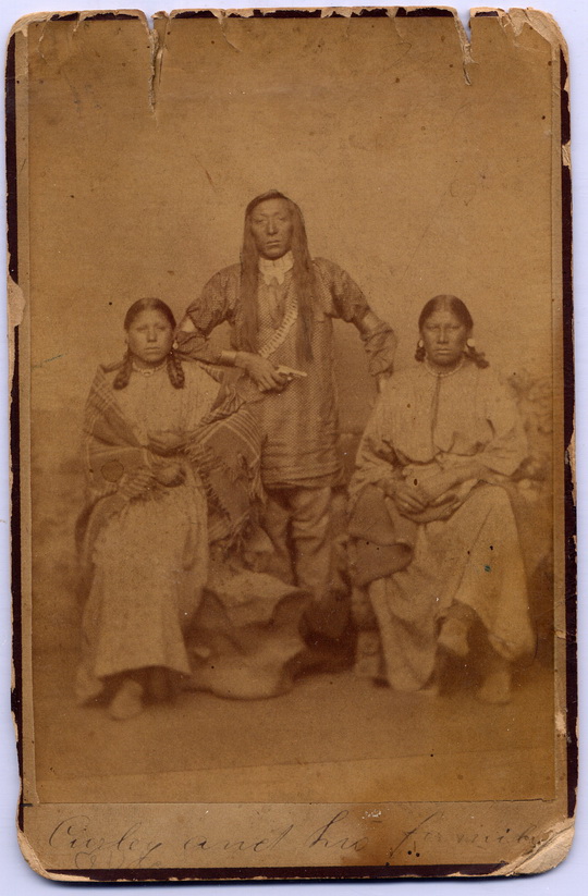 CABINET PHOTO OF NATIVE AMERICANS - Historic Portrait of Crow Man with Wife and Daughter, marked