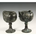 PAIR OF CHINESE BRONZE DOU - Ceremonial Covered Food Containers in the form of Ducks, the ovoid body