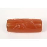 SUMERIAN ROLLER SEAL - Carved Carnelian Roller Bead featuring Ishtar and King under the Sun, an