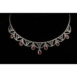 NECKLACE - One 14K White Gold, Diamond and Ruby Necklace with (7) teardrop shaped rubies